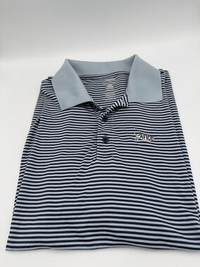 AFTCO Navy and White Striped Polo with Light Blue Collar